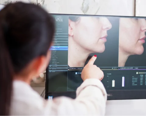 Close-up of doctor reviewing healing nose showing rhinoplasty process