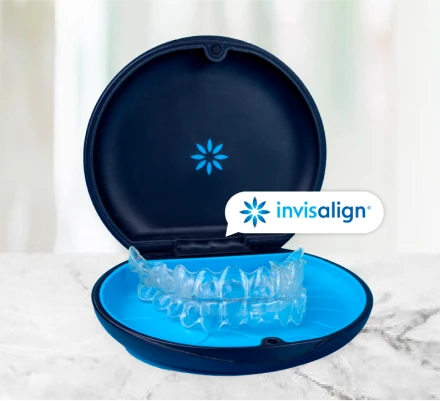 Invisalign clear aligners stored in their case, highlighting the convenience of discreet orthodontic treatment.