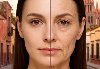 Front view of woman with before and after facelift comparison