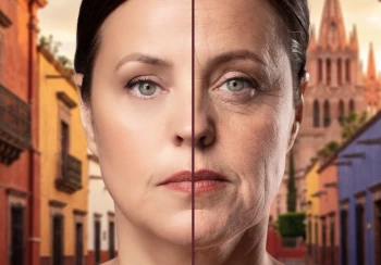Woman’s face with vertical guideline overlay showing differences between her before and after features