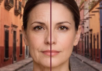 Centered portrait of woman with comparative before and after facelift surgery