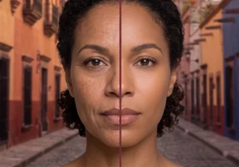 Woman’s face with vertical symmetry line showing facelift before and after results