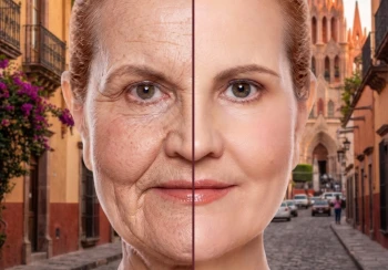 Smiling older woman showing facial rejuvenation results comparative