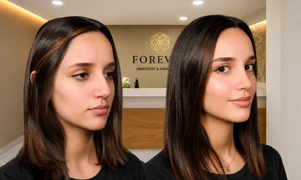 Woman patient before and after picture, one with rhinoplasty results, floral background