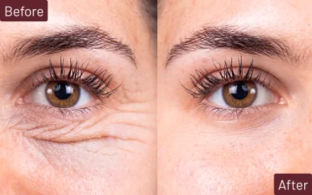 Close side view of patient's nose before and after rhinoplasty with curved results