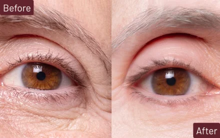 Side by side photos of patient after surgery, showcasing rhinoplasty results