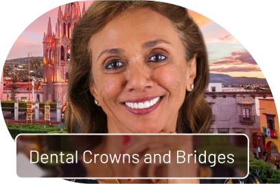Middle-aged woman smiling confidently, showcasing her beautifully restored smile with natural-looking dental crowns.