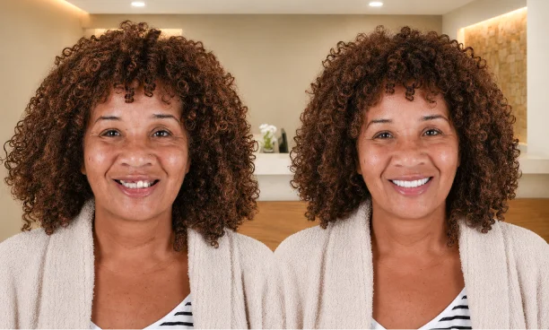 Woman comparing all on 4 smile with before and after overlay