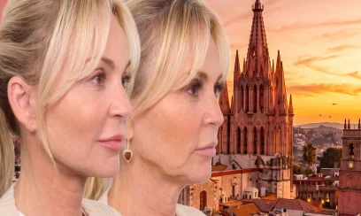Woman comparing nose appearance with before-and-after overlay and San Miguel de Allende background