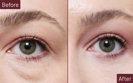 Close side view of patient's nose before and after rhinoplasty with curved results