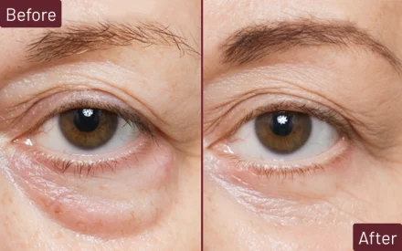 Side by side photos of patient after surgery, showcasing rhinoplasty results