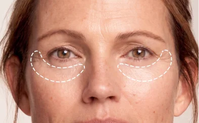 Woman comparing nose appearance with before-and-after overlay and San Miguel de Allende background