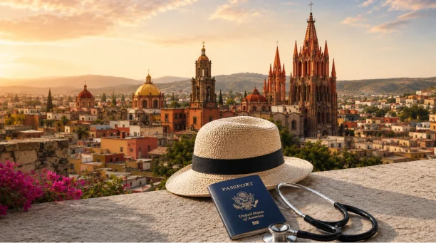 Demonstrative image of vacational items with San Miguel de Allende background