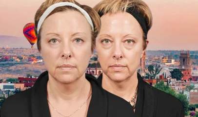 Before and after comparison of a complete facial rejuvenation performed on a patient in San Miguel de Allende, with the parish church in the background.