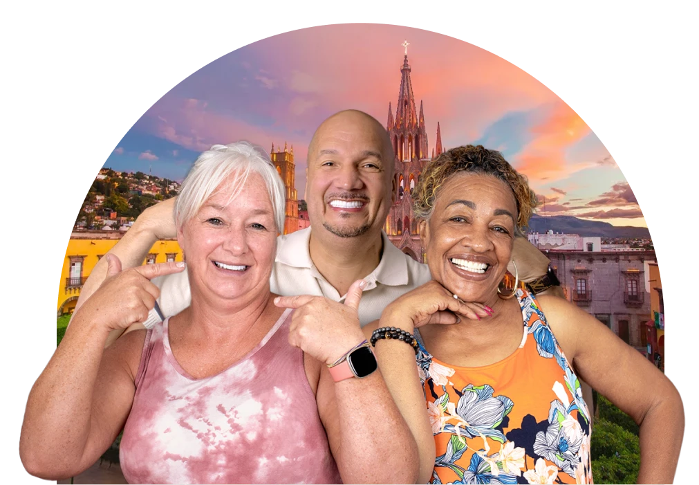 Confident patients smiling in San Miguel de Allende, showcasing dental success and scenic beauty