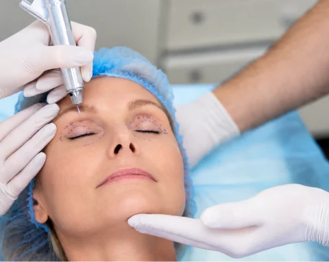 Close-up of doctor reviewing healing nose showing rhinoplasty process